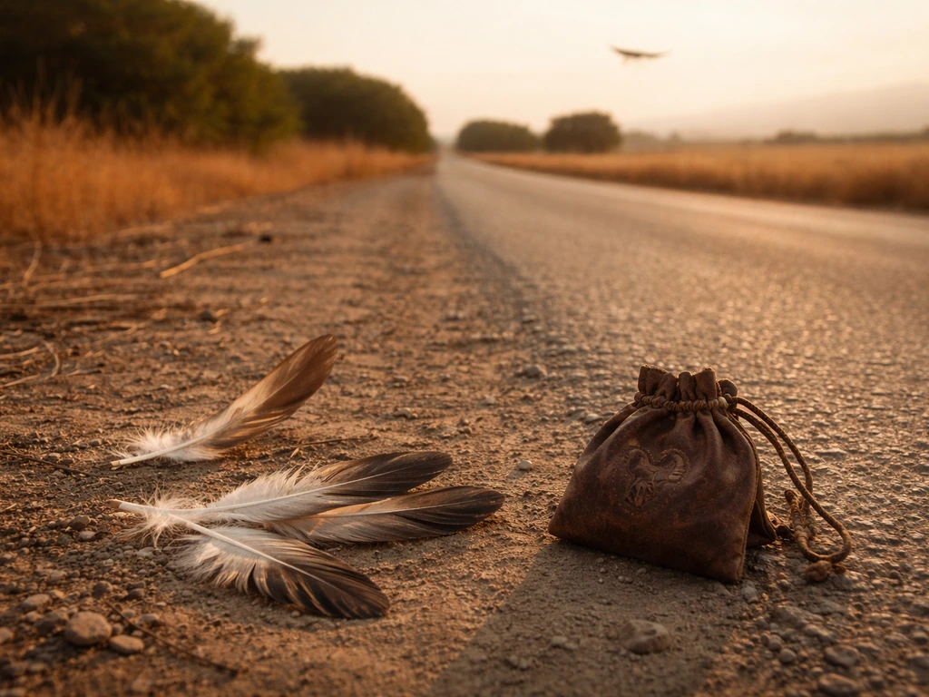 A quiet country road with small crane feathers and rooster talisman motifs suggesting Hermes-like messages and travel.