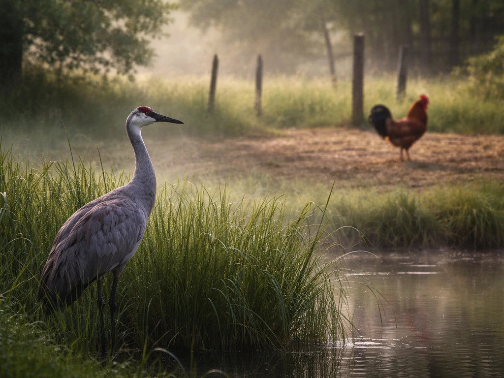 A common crane stands in grass near a pond with a rooster in a quiet rural yard backdrop.