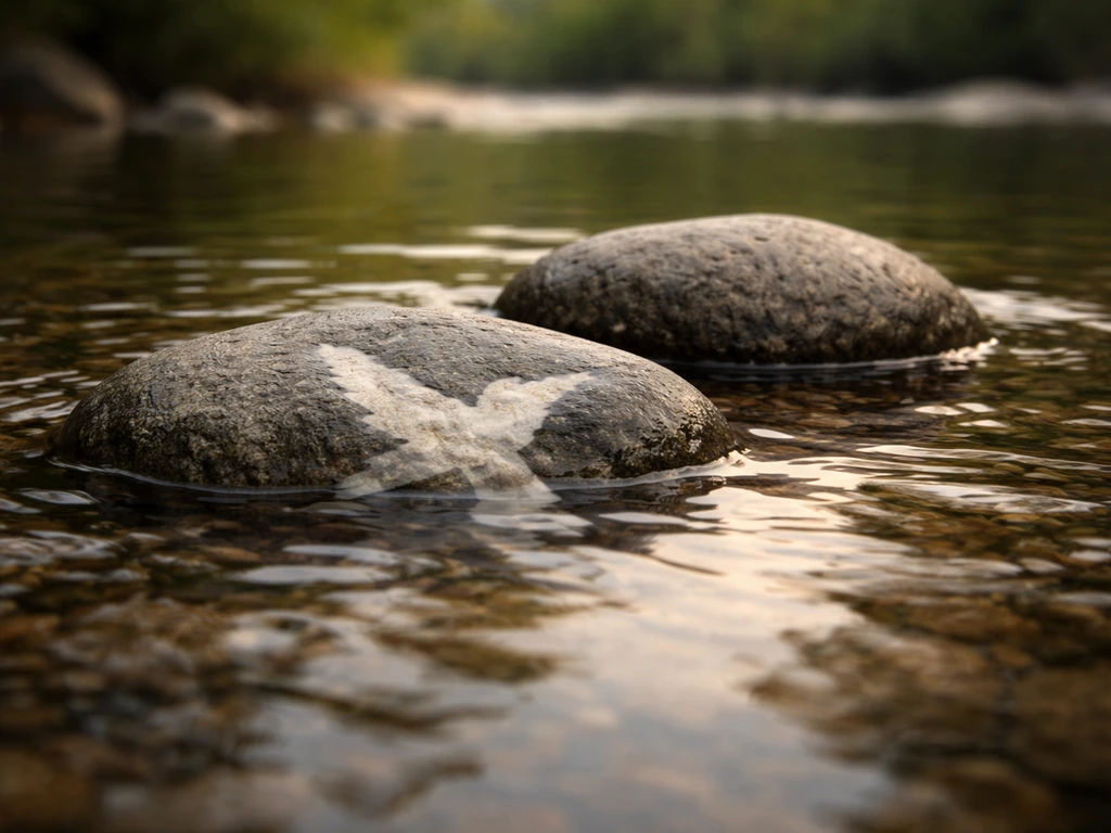 A small stone and a bird silhouette reflected in rippling water, suggesting two meanings without a single match.