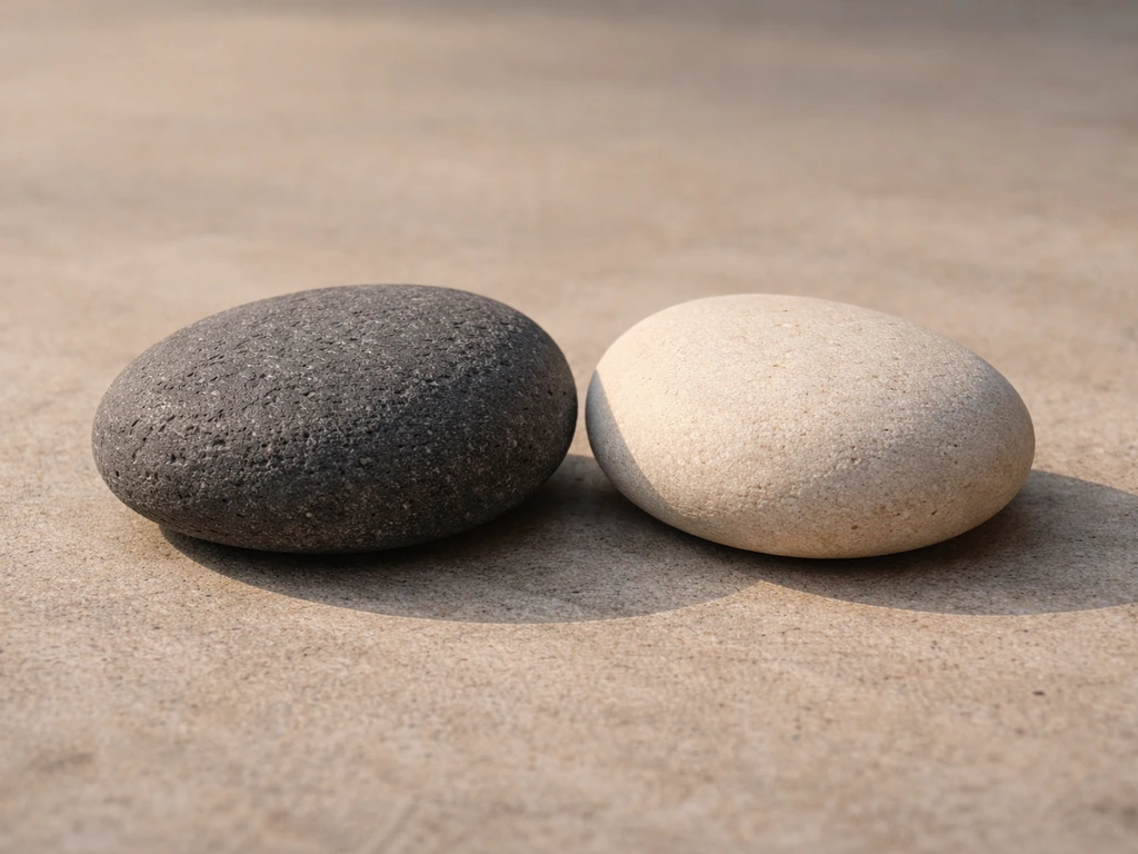Two different stones—dark rough and light smooth—lying side by side on a neutral surface.