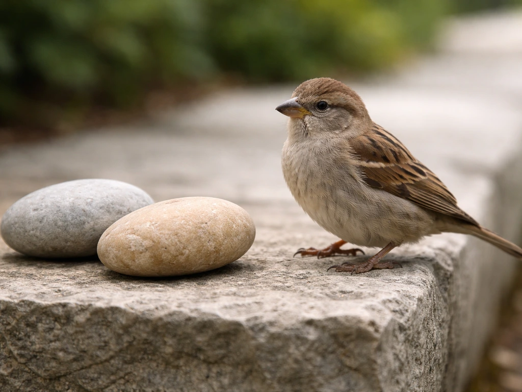 A small songbird perched beside two smooth stones on a stone path in soft natural light.