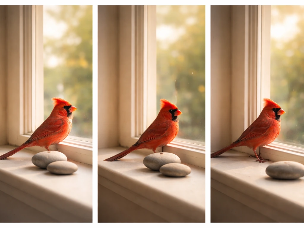 Two window vignettes with stones and a small red cardinal-like bird, suggesting different interpretations.