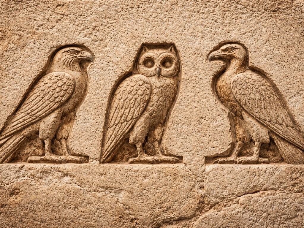 Close-up of Egyptian bird hieroglyphs—falcon, owl, and vulture—engraved on stone, showing determinative use.