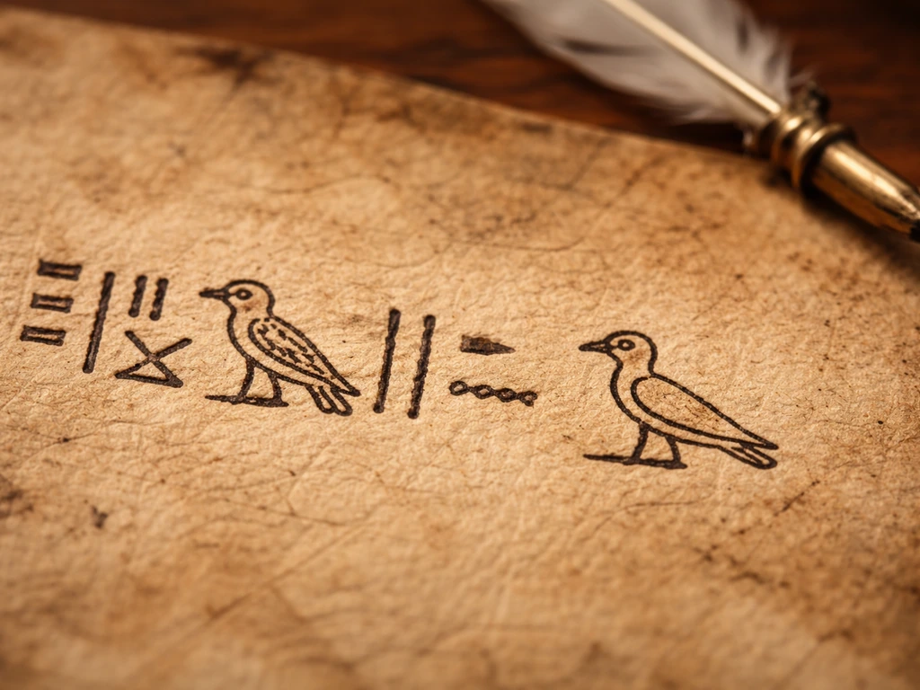 Close-up of two small carved bird-sign glyphs on parchment beside a quill in soft natural light.