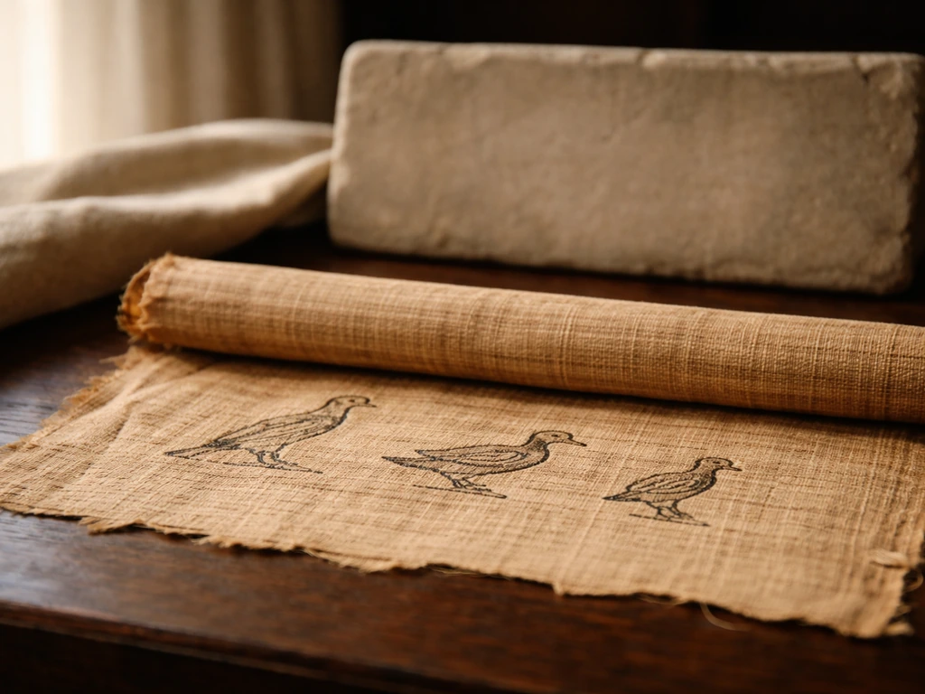 Minimal photo of a museum artifact placard and nearby papyrus scroll showing bird hieroglyphs in soft light.
