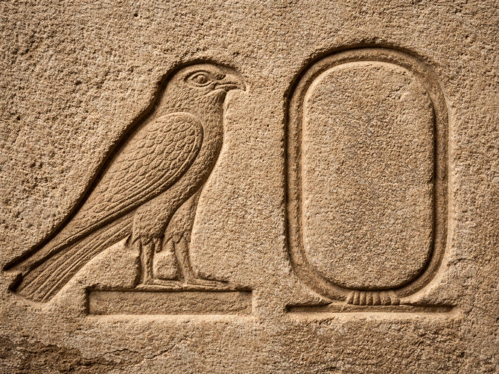 Close photo of an ancient Egyptian carved stone with a falcon hieroglyph beside a cartouche-like oval