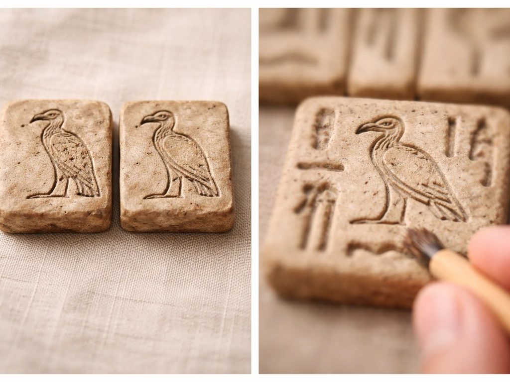 Two-row photo collage showing similar vulture-like carvings and a wrong reading example with blurred glyphs.