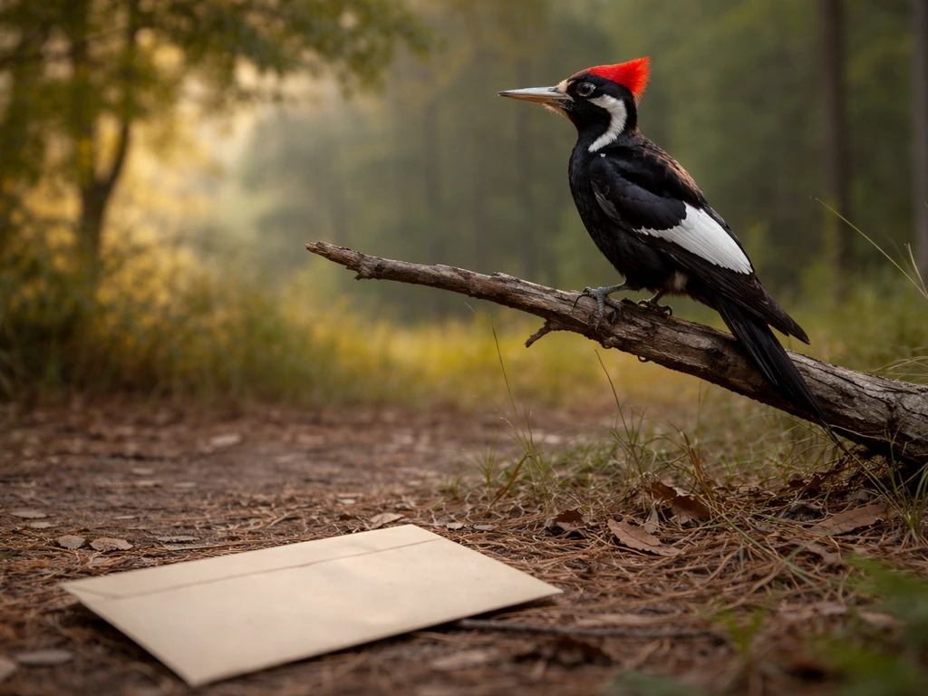 Ivory-billed woodpecker perched near a letter envelope, contrasted with an empty bird silhouette telegram vibe