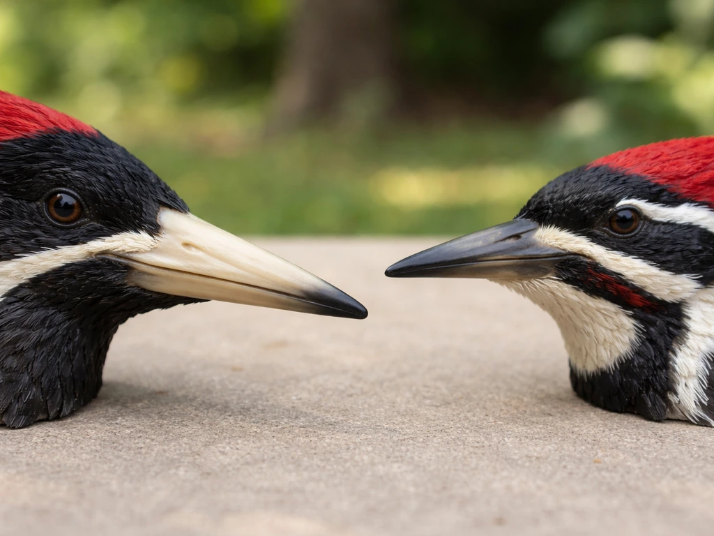Macro comparison of woodpecker bill shapes and face markings on a neutral tabletop.