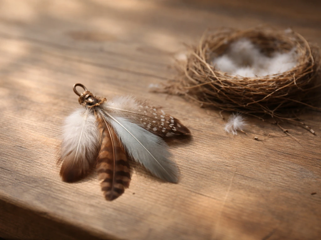 Close-up of feathers arranged like a charm beside a small twig-and-down nesting spot.
