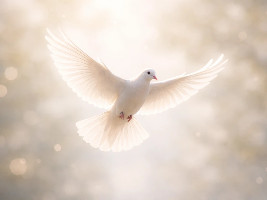 A white dove gliding in flight against a soft glowing sky, symbolizing peace and purity.