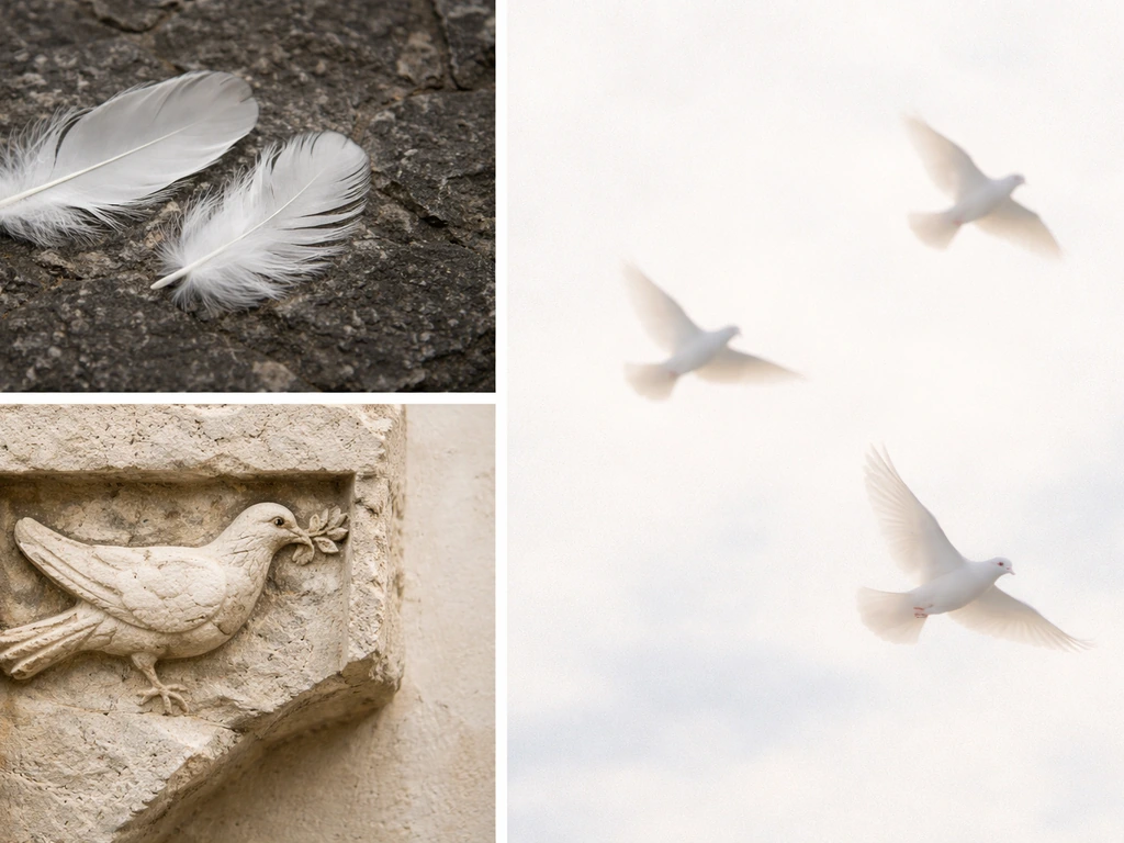 Minimal collage of realistic dove feathers, a carved stone dove motif, and a soft flock silhouette in warm light.