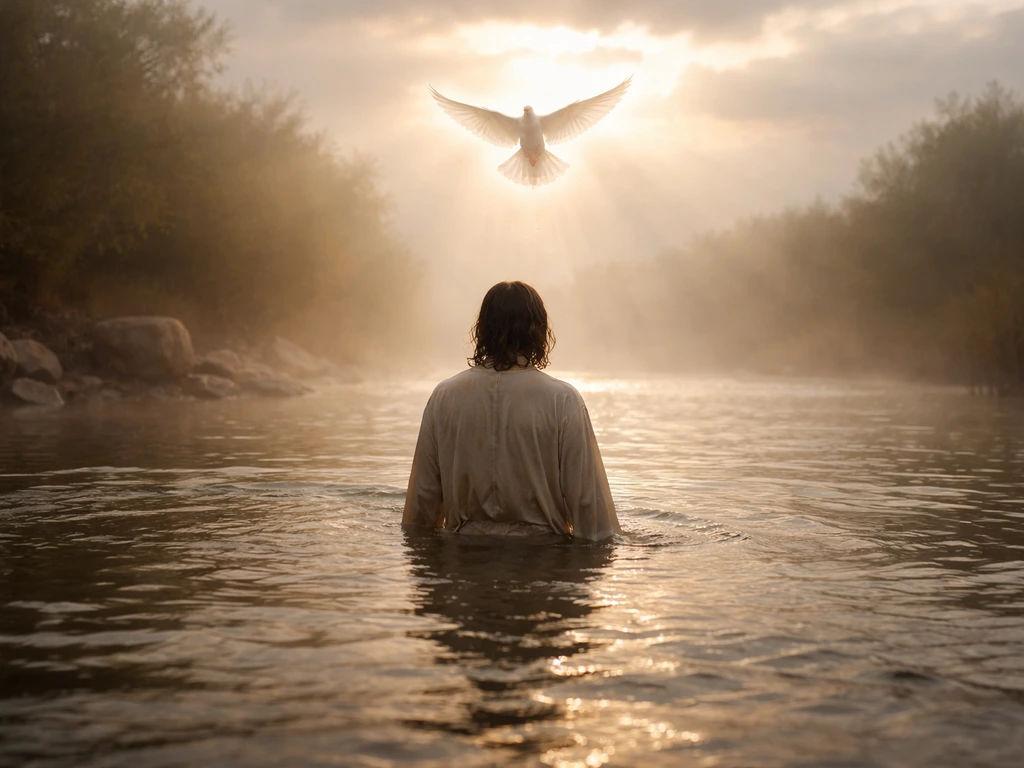 A white dove descends from the sky above a man standing in the Jordan River at dawn.
