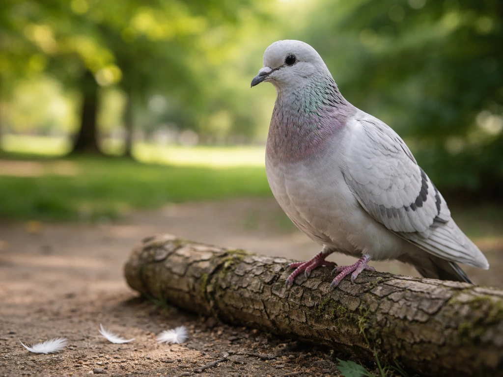 Close-up of a single dove perched on a branch with a few scattered feathers on the ground outdoors.
