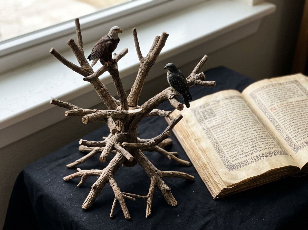 Bird figurines perched on a Yggdrasil-like branch to show boundary placement.
