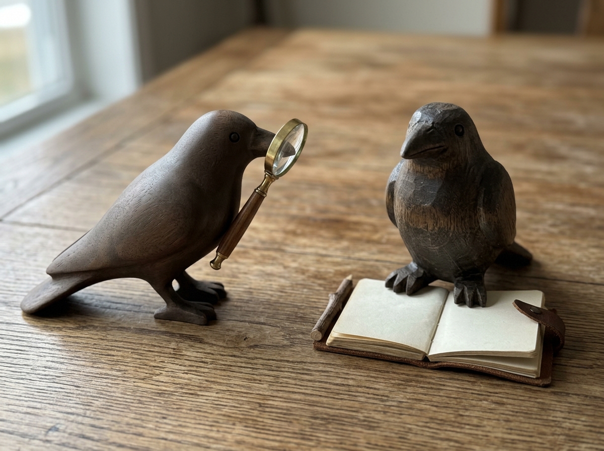 Two ravens posed for thought and memory, representing Huginn and Muninn.