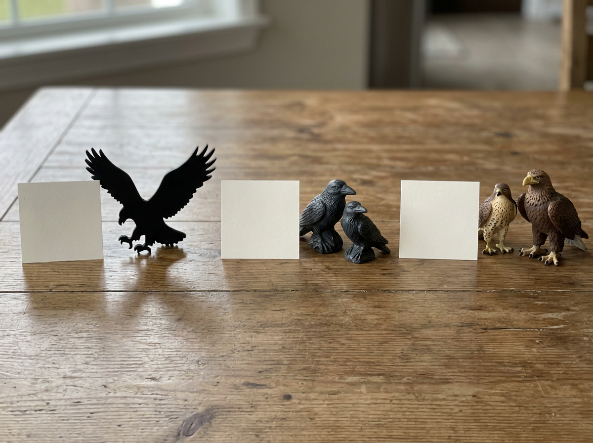 Side-by-side layout of eagle, ravens, and hawk-eagle to compare candidates.