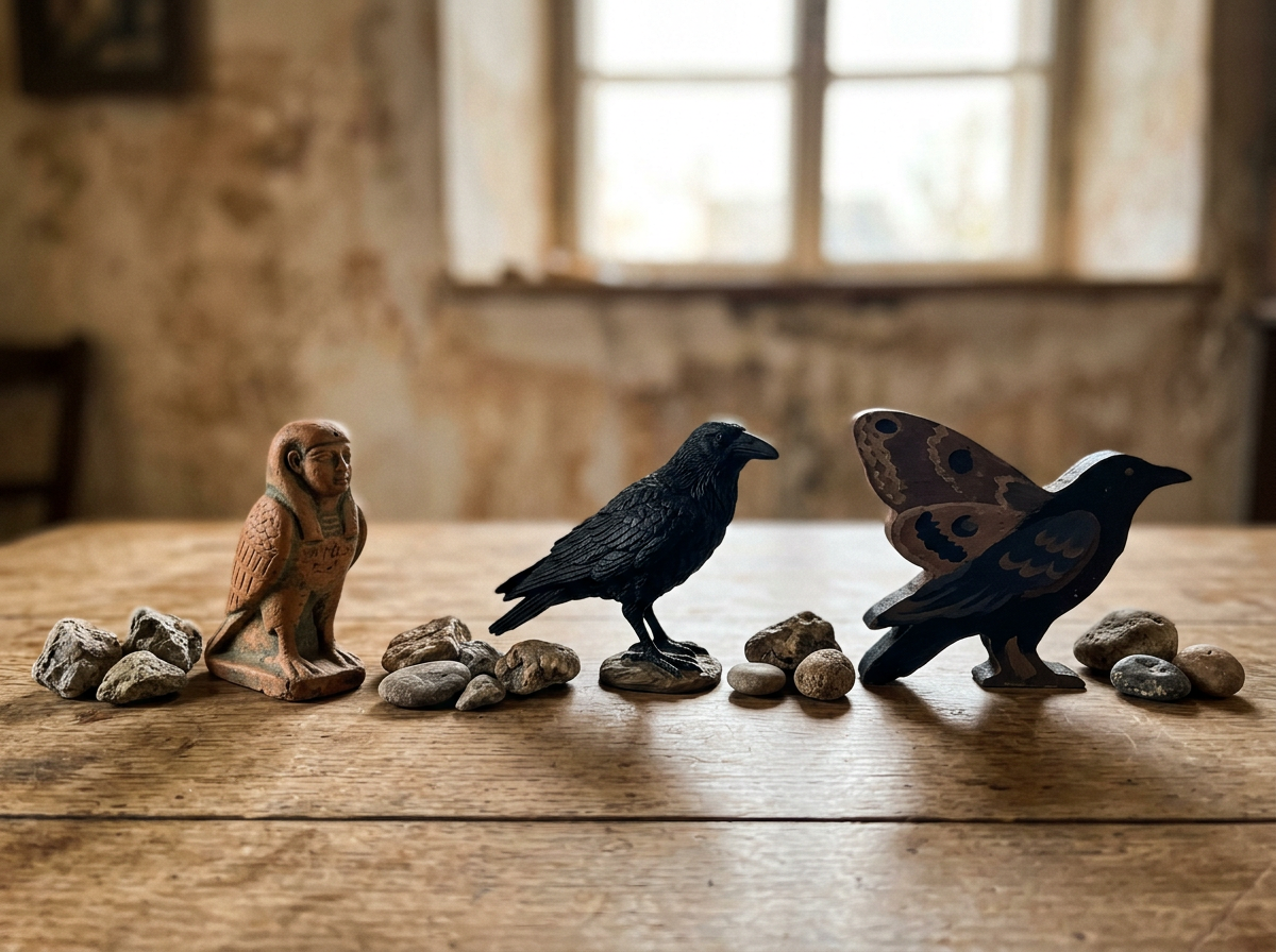 Three bird figurines from different traditions placed together to show an underworld archetype.