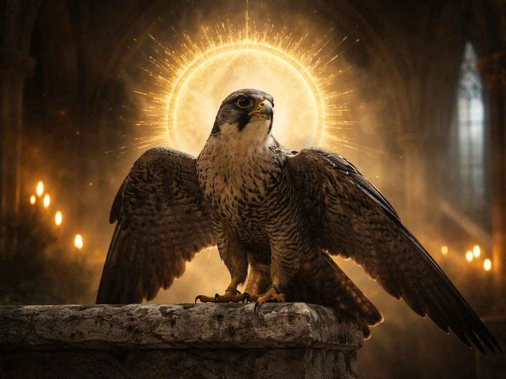 A golden-lit cathedral scene with a perched eagle/falcon and a Marian-style glowing halo motif behind it.