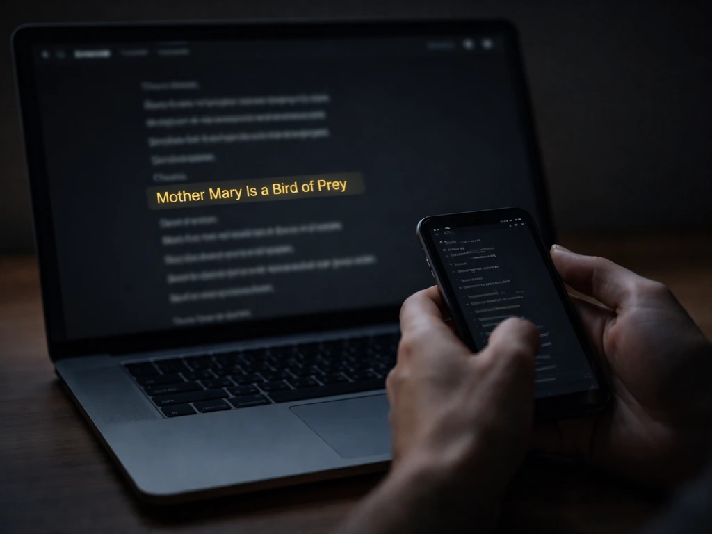 Dark laptop showing a major music lyrics page with a highlighted chorus phrase being verified