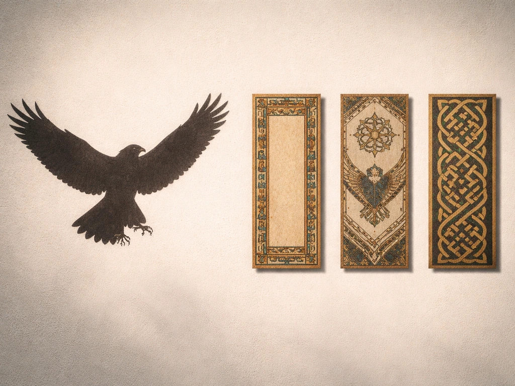 Minimal predatory bird silhouette with three small culture-inspired motif tiles, side-by-side reference