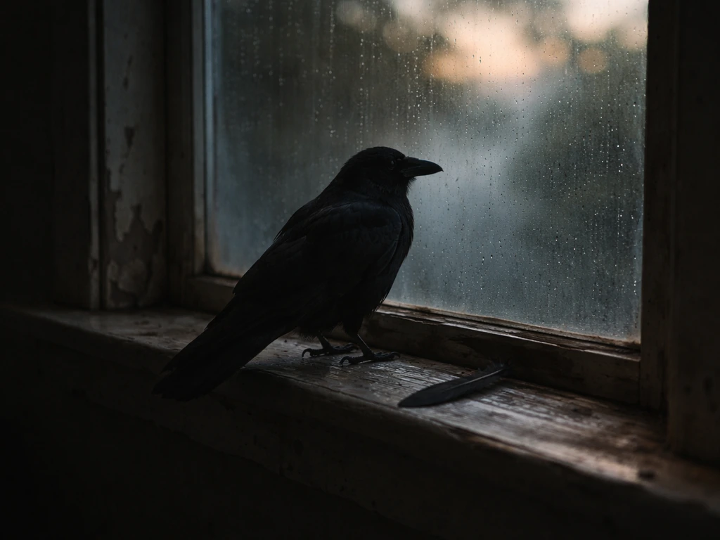 A lone crow perches by a rain-streaked window at dawn, with misty moody light and a single feather.