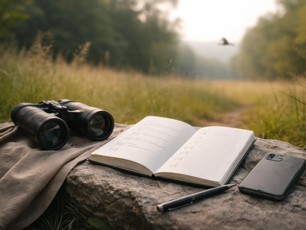 Open field journal with blank checkboxes beside binoculars and a phone, outdoors in natural light.
