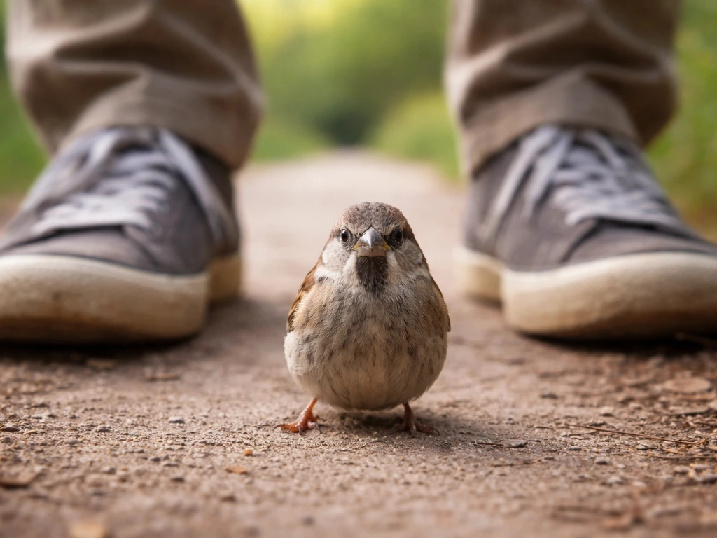 A small wild bird perched very near a person’s shoes, holding direct eye contact in a quiet outdoor path scene.