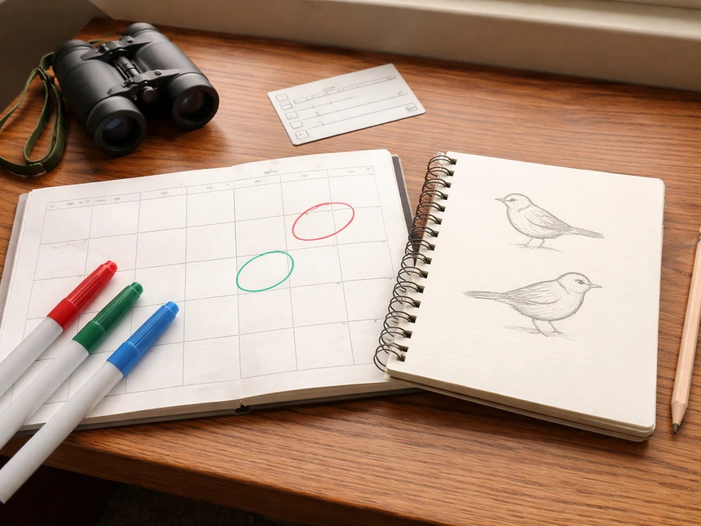 Minimal desk scene with a calendar page and circled dates beside repeated small bird sketches to show recurrence.