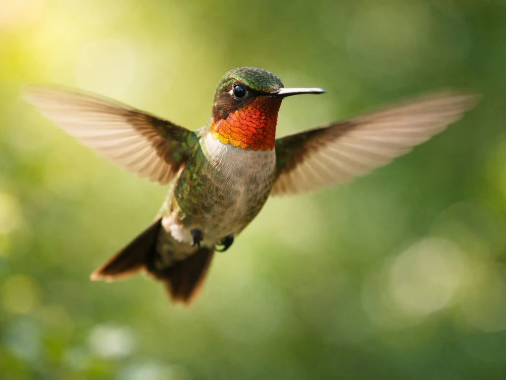 Vibrant hummingbird hovering mid-air with blurred wings and an iridescent throat in soft sunlight