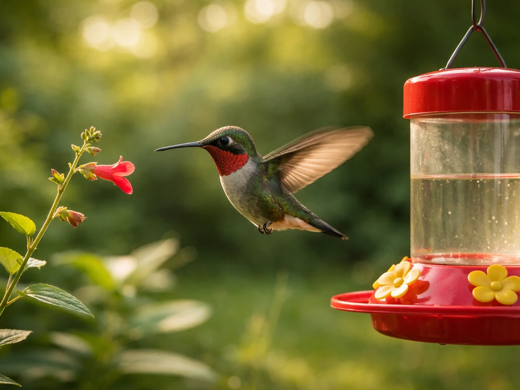 A hummingbird hovering near a blooming garden flower beside a yard feeder