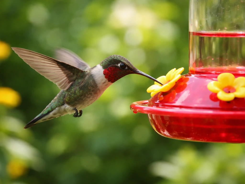 A hummingbird hovering and feeding from a flower or nectar feeder, beak reaching toward nectar.