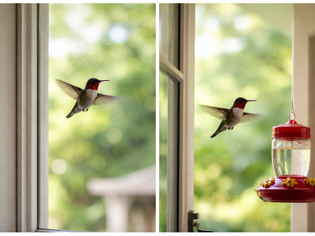 Two hummingbirds near a bright indoor window and a nearby feeder, captured at different moments.