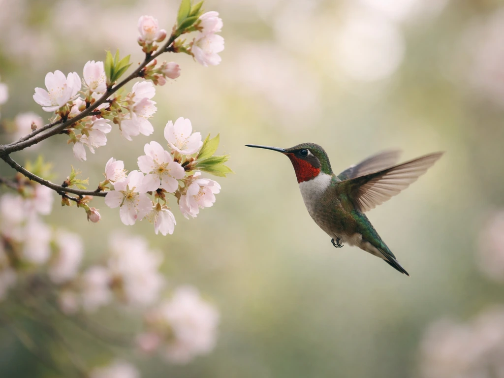 Hummingbird hovering by fresh early spring blossoms in a quiet garden, conveying first-arrival timing.
