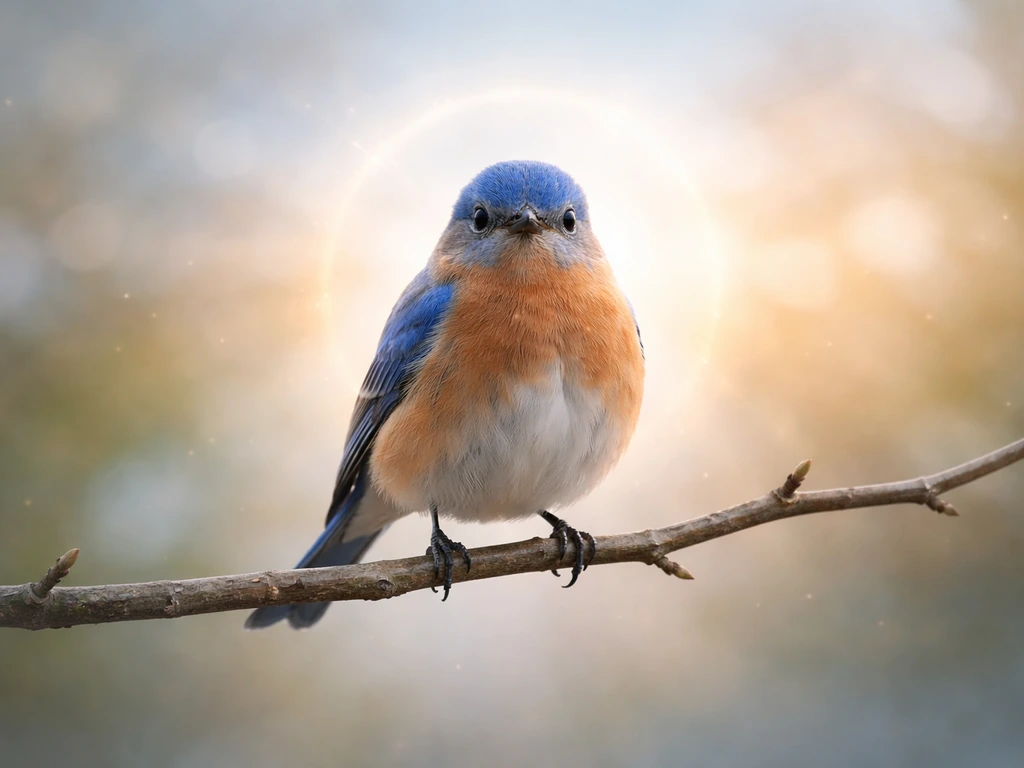 Bluebird perched on a branch against a soft dreamy sky, peaceful and hopeful mood.