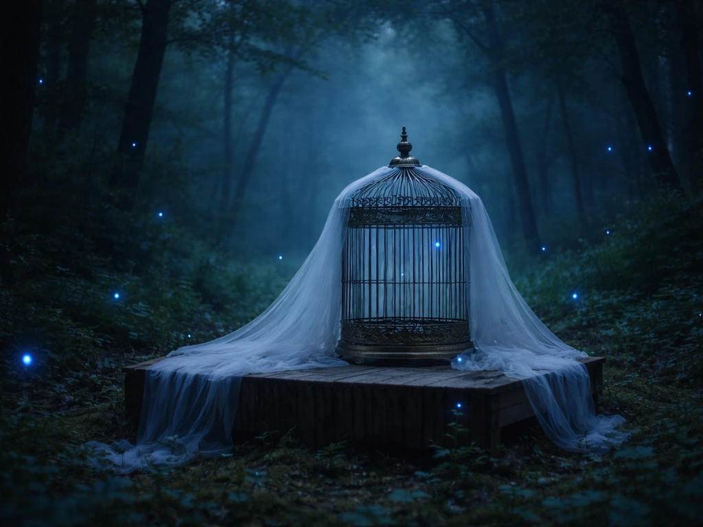 Moonlit misty forest with a glowing empty birdcage, evoking a dreamy Blue Bird story mood.