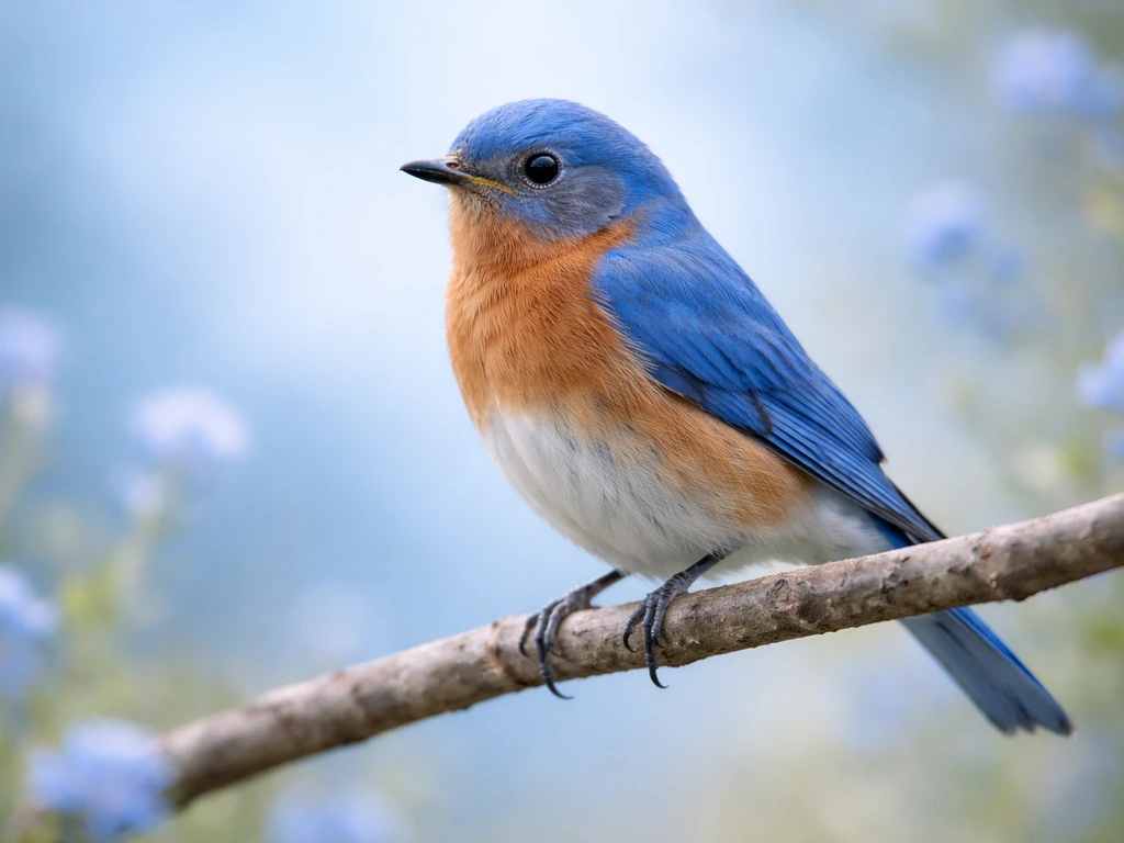 Close-up of a vivid bluebird against a soft blue sky, with calm blue color accents in the background.