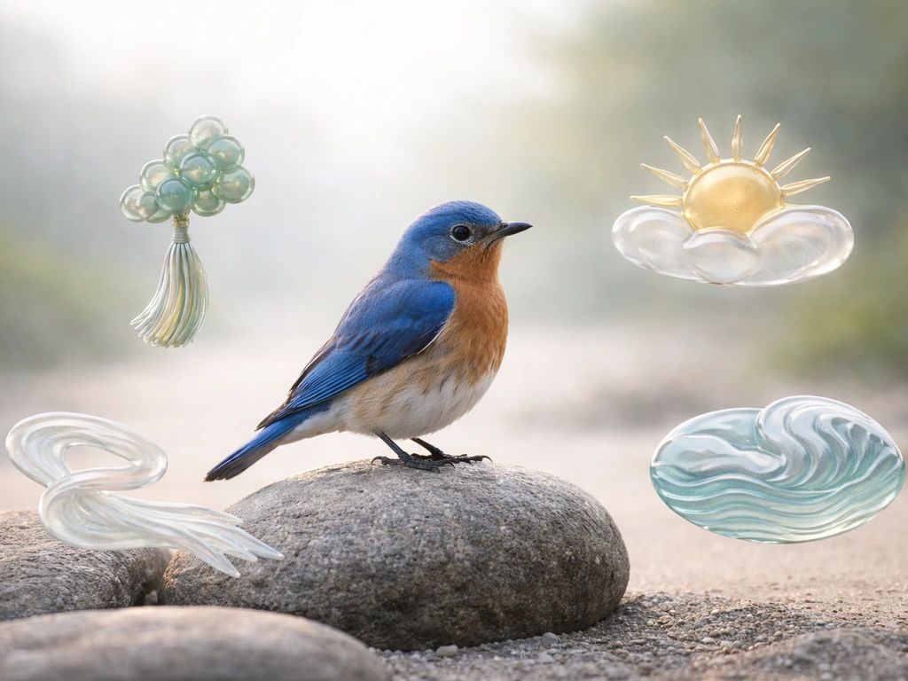 A bluebird perched on stone with four translucent symbolic ornaments around it representing different meanings.
