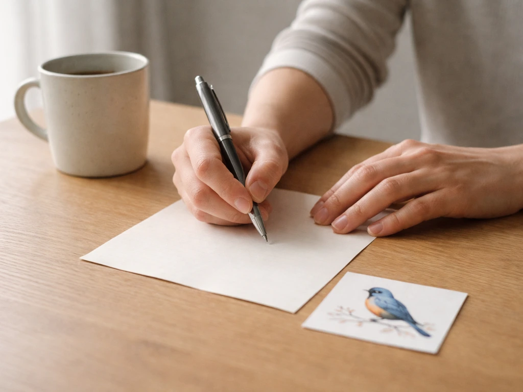 Hands write a quiet intention on paper beside a small bluebird sticker in soft natural light.