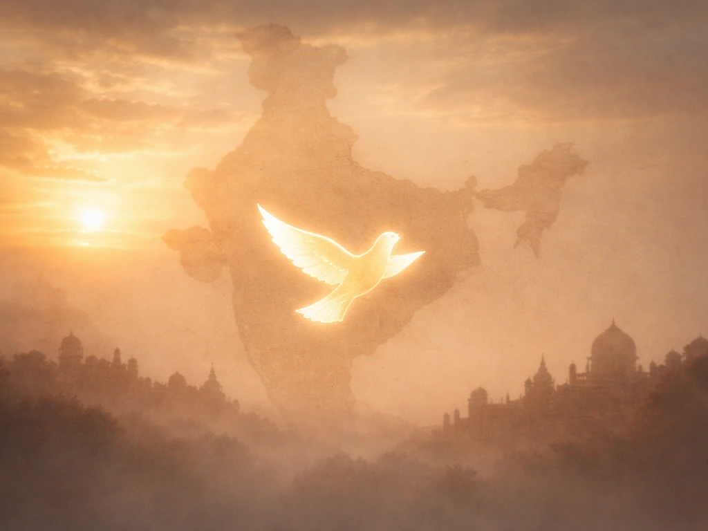 Golden bird silhouette over a misty historic India skyline backdrop at sunrise.