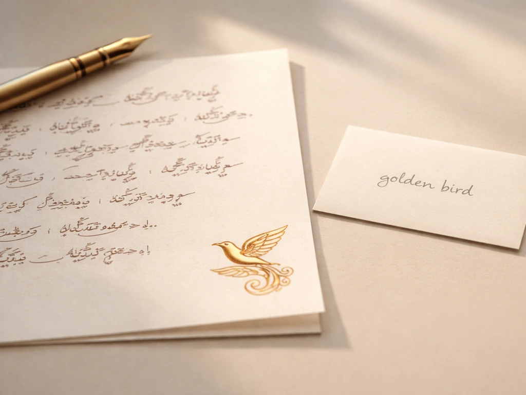 Minimal close-up of Hindi/Urdu script with a small golden bird motif and a dark translation card.