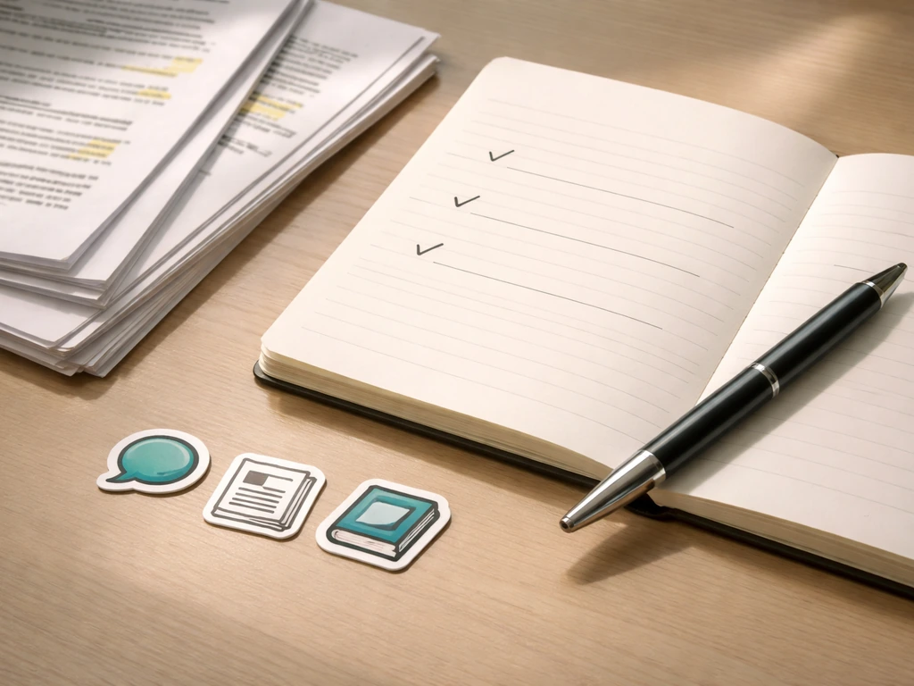 Close-up of a notebook with simple check icons and papers for verifying a historical claim