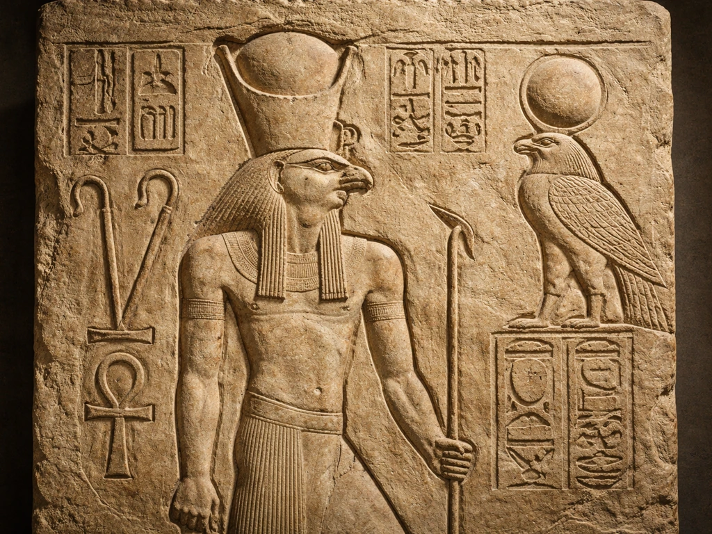Weathered Egyptian relief of a falcon-headed Horus alongside royal symbols in a quiet museum setting.