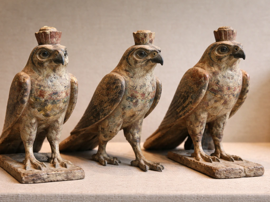 Three Egyptian-art style falcon sculptures with different beaks and postures on a museum display surface.