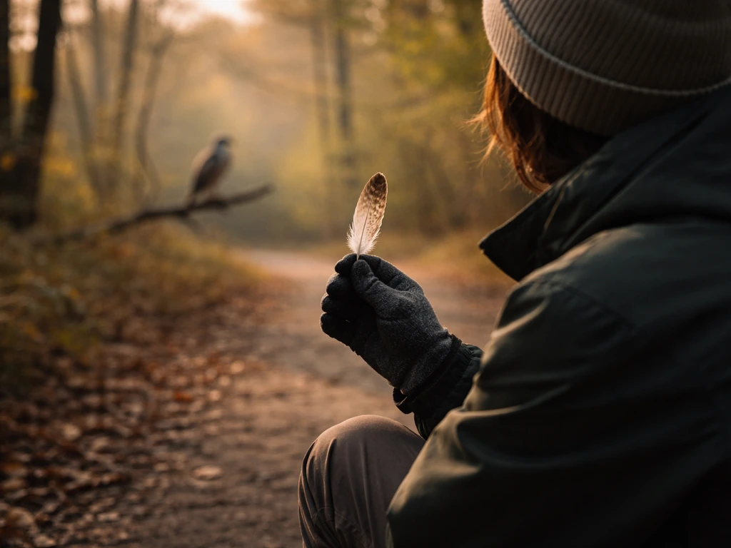 Person outdoors gently observing a wild falcon, with a calm respectful mood