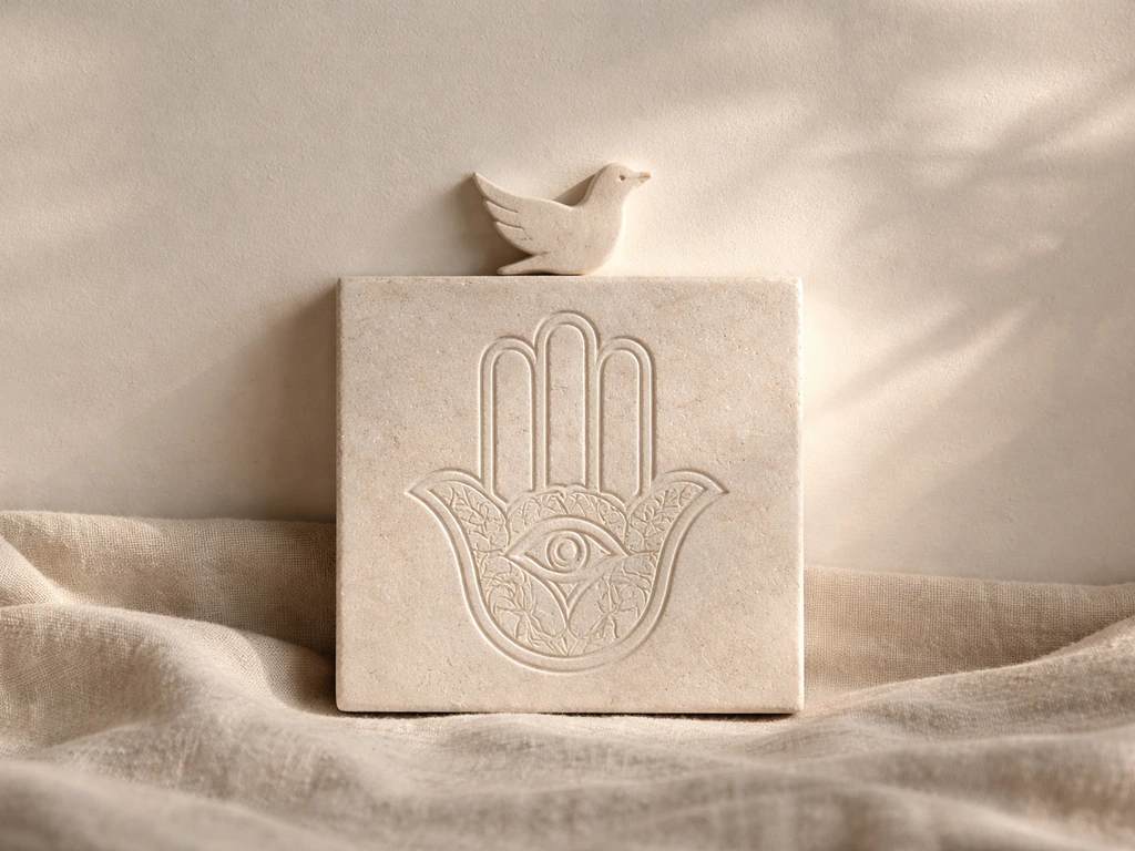 Minimal still life of a hamsa bird silhouette above a subtle Hand of Hamsa motif on pale stone.