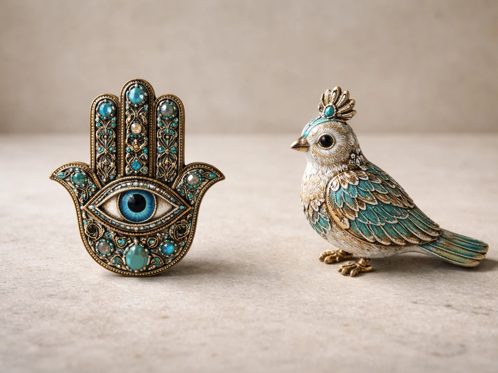 A hamsa hand amulet beside a hamsa-like sacred bird figurine on a stone tabletop.