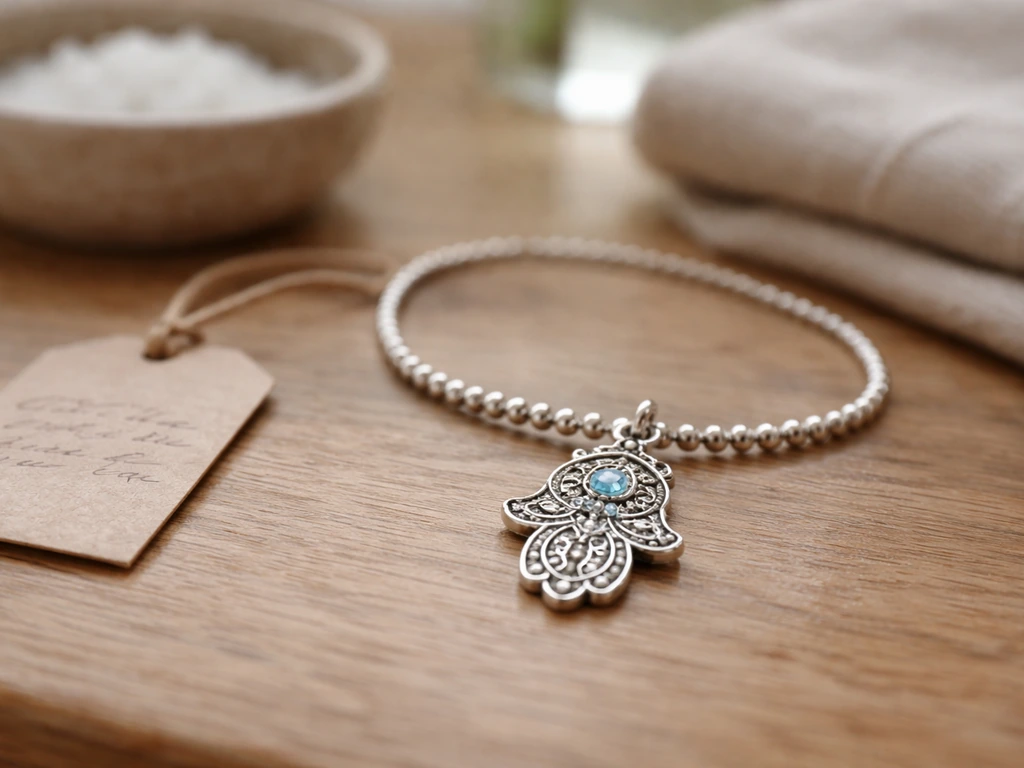 Close-up of a hamsa charm necklace on a wooden surface with a small blank tag nearby.