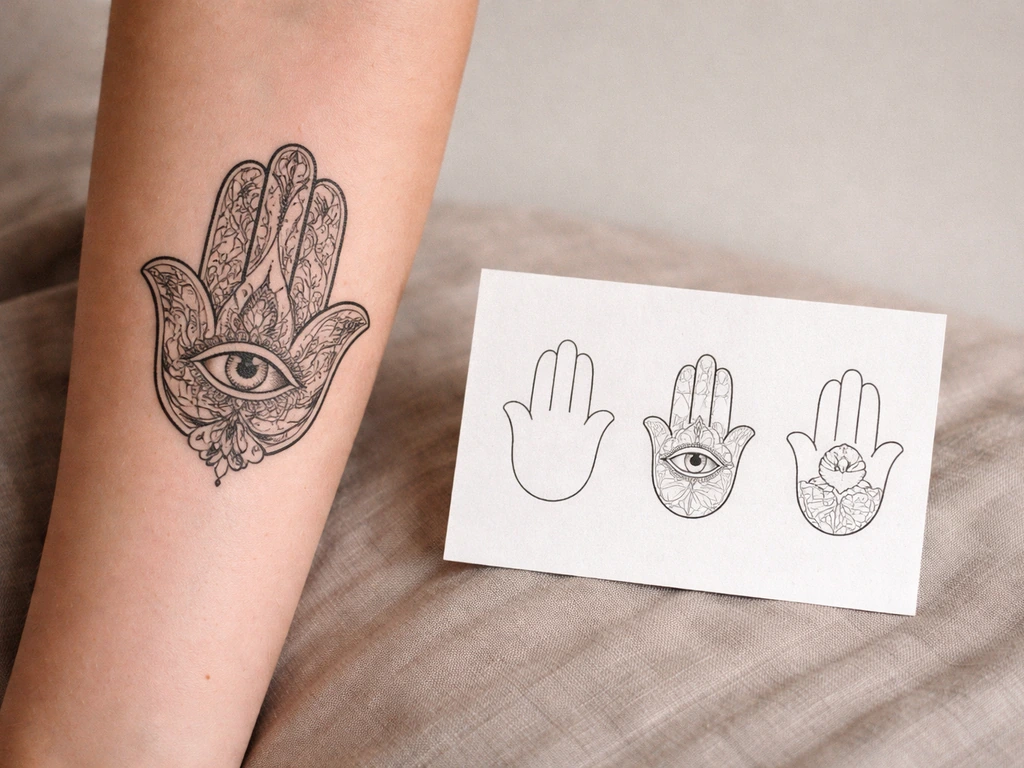 Close-up of a hamsa-hand tattoo on skin beside a small card showing simple hamsa variation sketches.