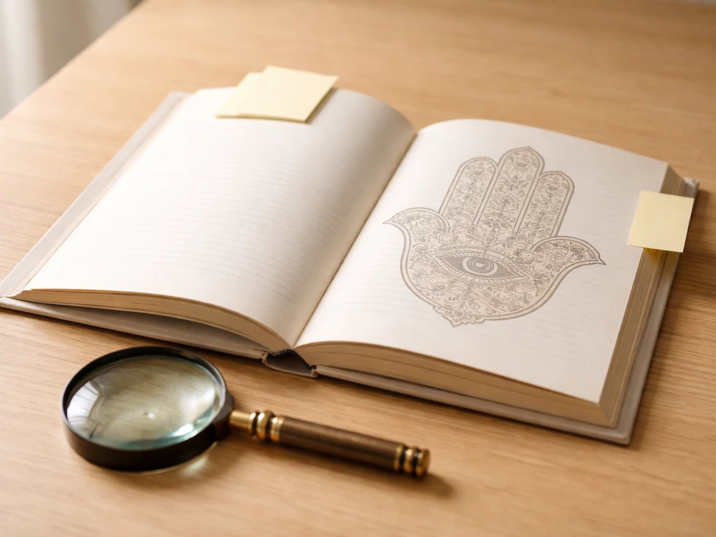 Open book on a table showing hamsa imagery, with a magnifying glass and small sticky notes.
